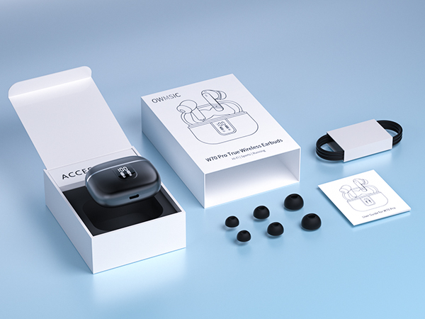 box containing earbuds, charging case, and various ear tip sizes. Instruction manual and USB cable