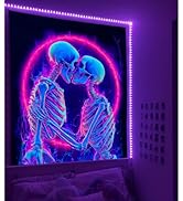 Manicer Blacklight Skull Tapestry – UV Reactive Neon The Kissing Lovers Skeleton Wall Hanging, Gl...