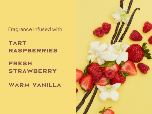 Image of fragrance infusion ingredients: tart raspberries, fresh strawberry &amp; warm vanilla.