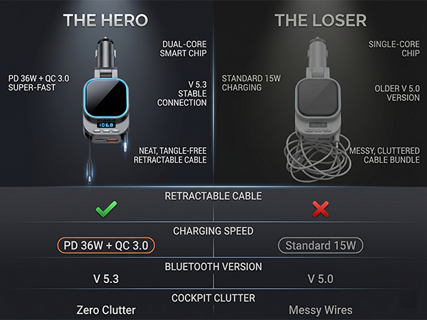 best retractable car charger fm transmitter fast charging vs standard messy cable adapter