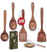 7 Pcs Teak Wooden Kitchen Utensils – Handcrafted Wooden Cooking Utensils Set with Holder, Elegant...