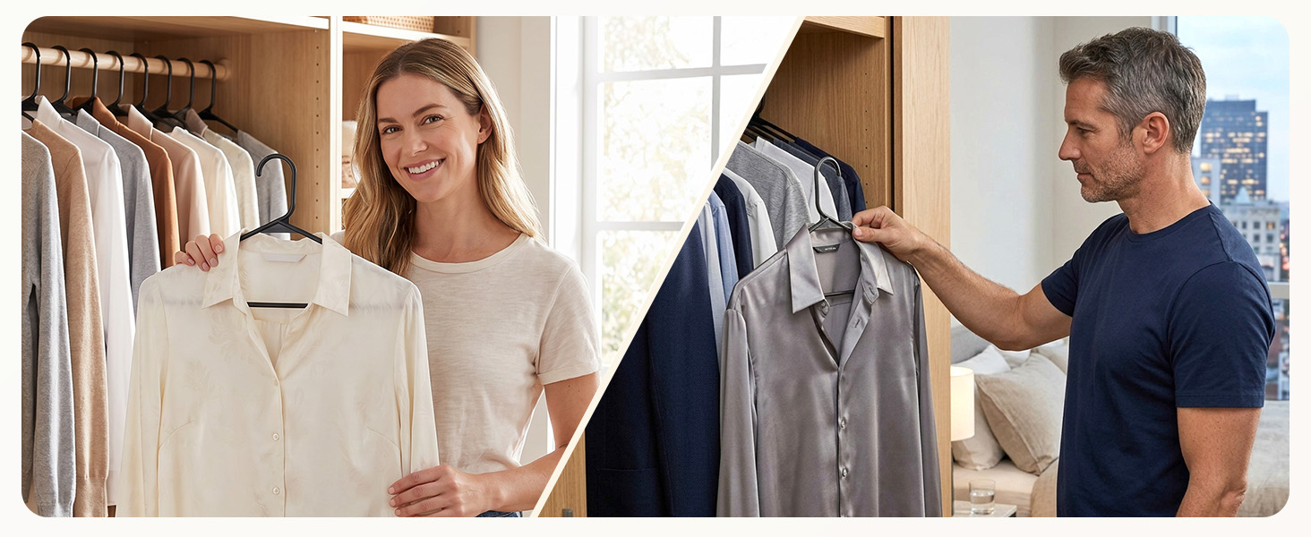 Woman in casual outfit organizing her closet with black plastic hangers. She easily places a blouse.