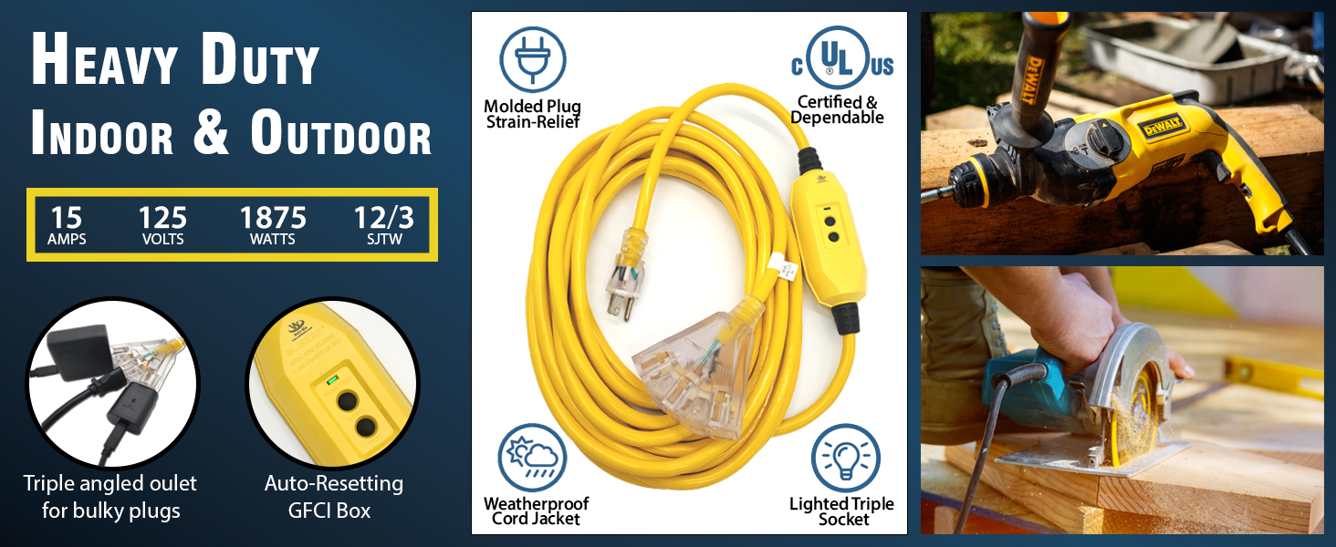 GFCI extension cord 25 ft extension cord outdoor extension cord with multiple outlets electric cord