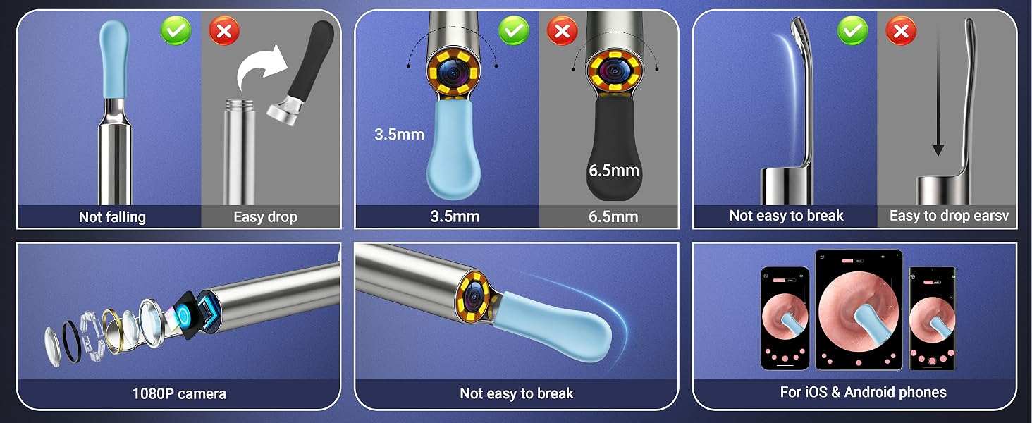 Safe ear cleaner camera with 3.5mm ultra thin lens and non-falling ear pick for iOS Android.