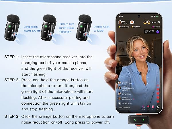 Wireless Microphone for iPhone Android, Dual Lavalier Mini Clip On Mic