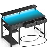 Rolanstar Computer Desk with Power Outlets &amp; LED Light, 39 inch Home Office Desk with 3 Drawers a...