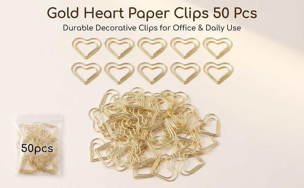 50 Pcs Gold Heart Paper Clips