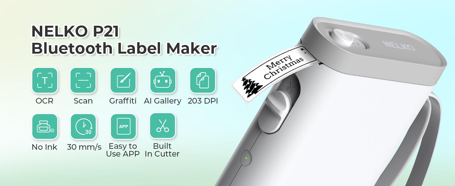 Nelko P21 Bluetooth Label Maker, a handheld device with built-in cutter. Features include OCR, scanning, AI gallery, and 203 DPI printing. Capable of 3D embossing and easy app connectivity.