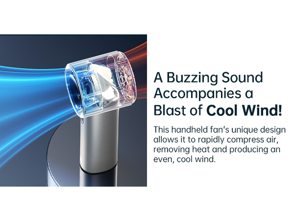 a buzzy sound accompanies a blast of cool wind this handheld fan's unique design allows it to rapidly compress the heat and produce a cool, cool world