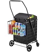 VEVOR Shopping Cart, Folding Grocery Utility Cart with Dual Baskets, Waterproof Liner &amp; Wheels, 1...