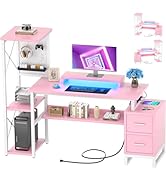 Computer Desk with 2 Fabric Drawers - Reversible Home Office Desk with Power Outlet &amp; LED Lights,...