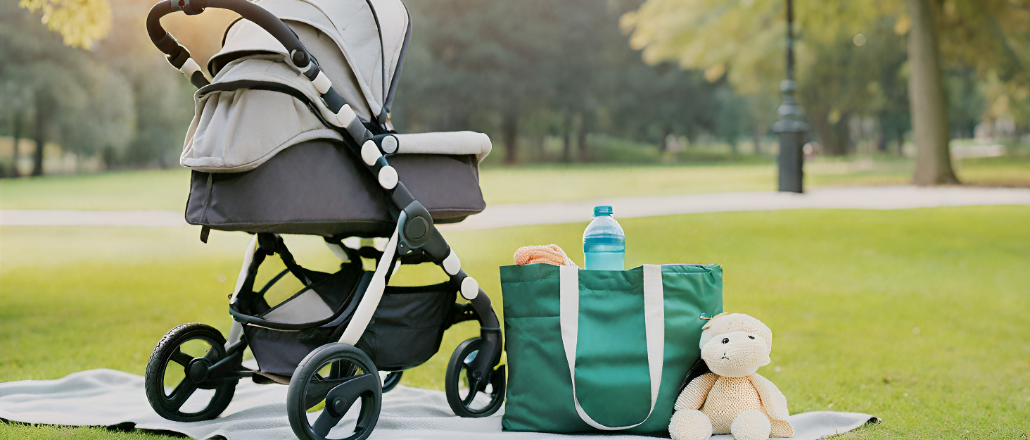 Multiple baby strollers arranged in outdoor park setting with green grass, accompanied by diaper bags and plush toys.