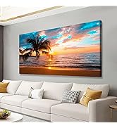 Sunset Beach Picture Canvas Wall Art Print for Living Room and Bedroom Wall Decor,Seascape Palm L...