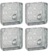 (4 Pack) 4'' Square Electrical Box, Drawn Construction, Ten 1/2'' and Six 3/4'' Knockouts, Raised...