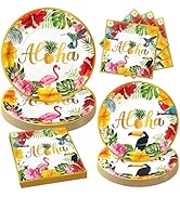 72PCS Hawaiian Luau Plates and Napkins, Set of 24 Aloha Luau Disposable Paper Plates for Summer B...