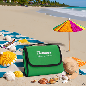 A picturesque beach scene with a sandy shore, clear blue water, and a vibrant green product lying on