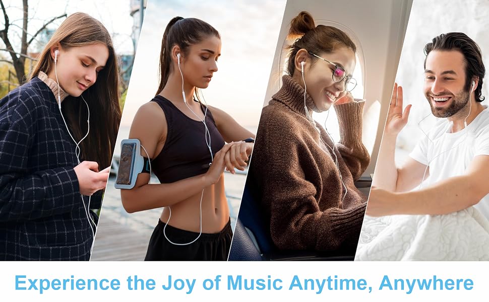 Text reads 'Experience the Joy of Music Anytime, Anywhere'. Series of images showing people wearing wireless earbuds while engaged in various activities.