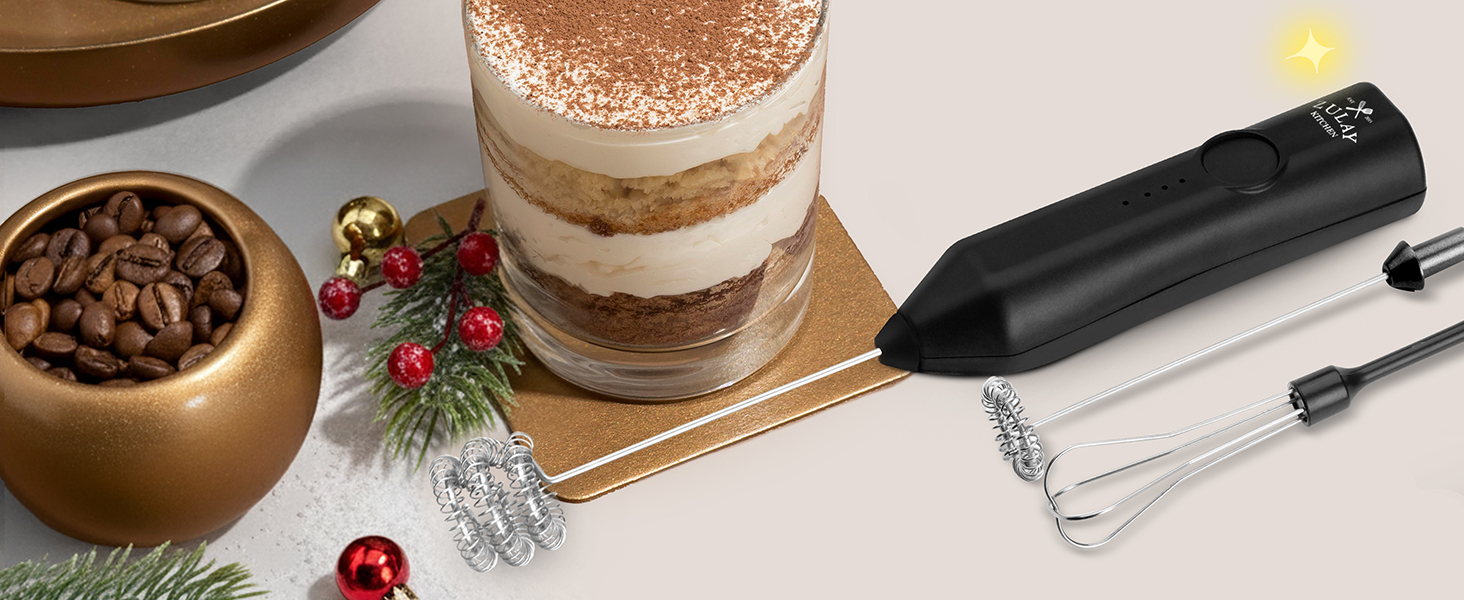 Handheld frother with multiple whisk attachments — excellent Christmas gift for home baristas.