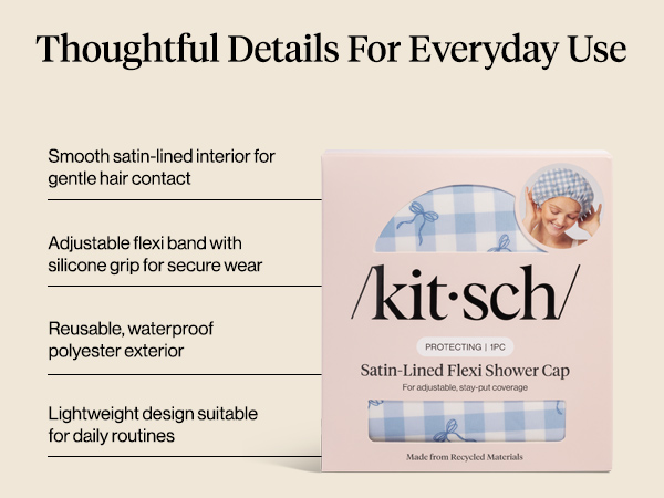 Kitsch Luxury Satin-Lined Flexi Shower Caps for Women Reusable Waterproof