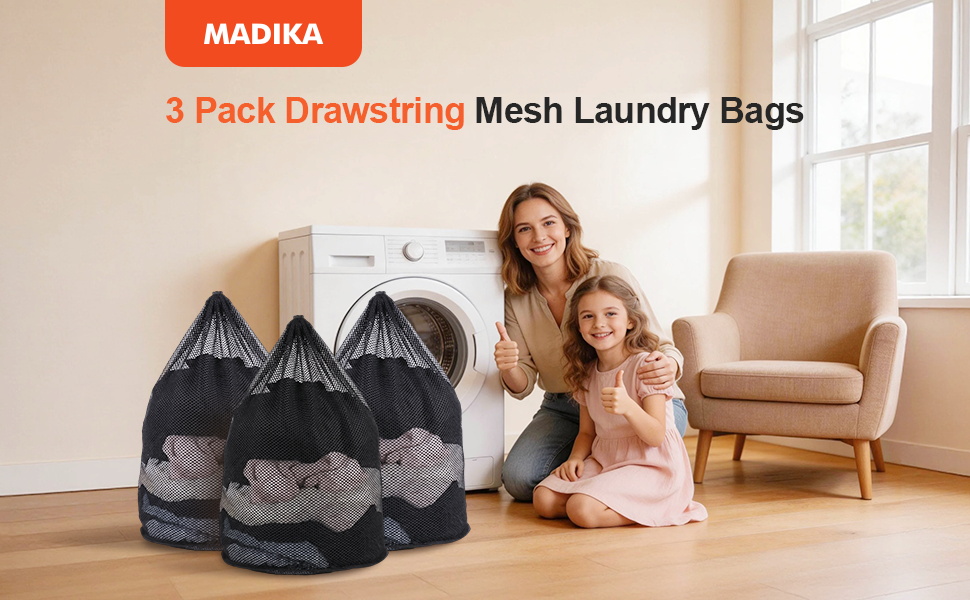 3pcs Black Drawstring Laundry Bags