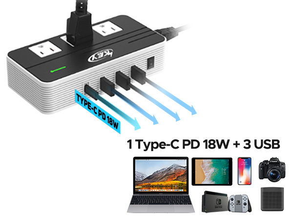 3 AC outlet with a type C and 3 USB ports
