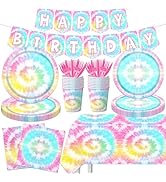 142 Pcs Tie Dye Birthday Party Decorations,Colorful Birthday Party Supplies Tableware,Includes Ta...