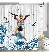 Funny Cat Shower Curtain Set Cat Riding Shark Theme Ocean Shower Curtains for Bathroom Fun Nautic...