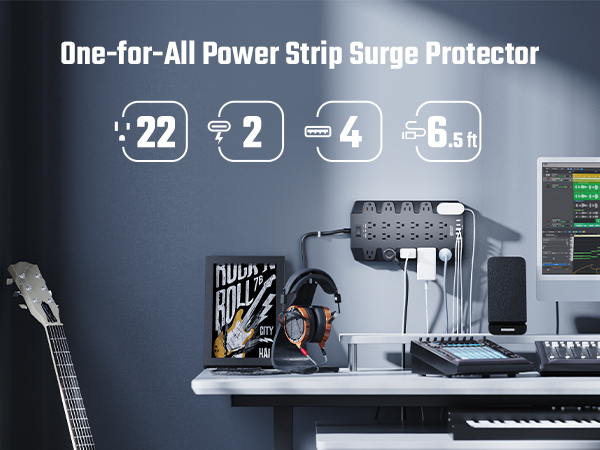 SUPERDANNY Power Strip Surge Protector with 22 Outlets 6 USB (2 USB-C 4 USB-A)