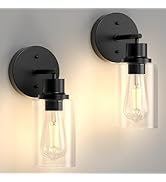 Phaosio 2-Pack Black Bathroom Wall Sconces, Modern Vanity Light Fixtures with Clear Glass Shade, ...