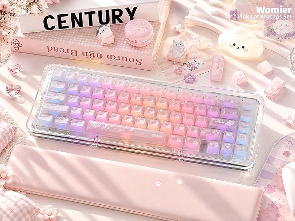 Clear Jelly Keycaps Pink Cat Shine Through Keycaps Crystal Translucent Keycaps