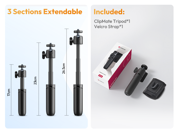 ULANZI MT88 ClipMate Camera Tripod, Selfie Stick w Velcro Strap &amp; Action Camera Adapter