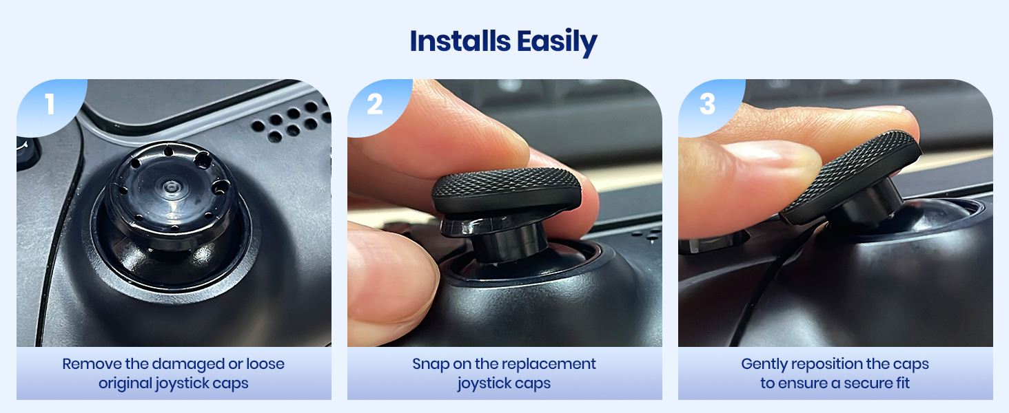 Three instructional images showing installation steps for a product, displayed horizontally with dark objects against light backgrounds.