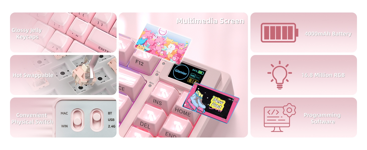 Pink Wireless Mechanical Keyboard 75% with Color Multimedia Screen Gaming Keyboard