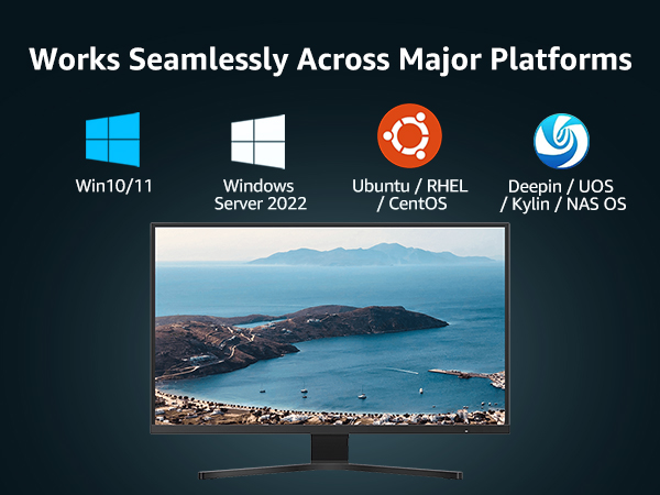 Text reads 'Works Seamlessly Across Major Platforms'. Shows logos for Windows, Ubuntu, and Chrome OS with coastal landscape photo below.