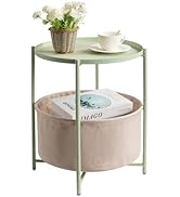 danpinera Round Side Table with Fabric Storage Basket, Metal Side Table Small Bedside Nightstand ...