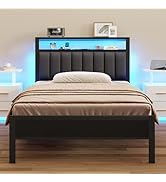 Furnulem Twin Size Bed Frame with Charging Station and LED Lights, Platform Bed with Metal Slats,...