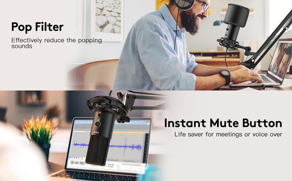 FIFINE microphone with pop filter and mute