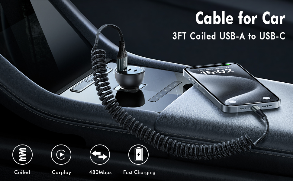 Coiled USB A to USB C Cable for Car