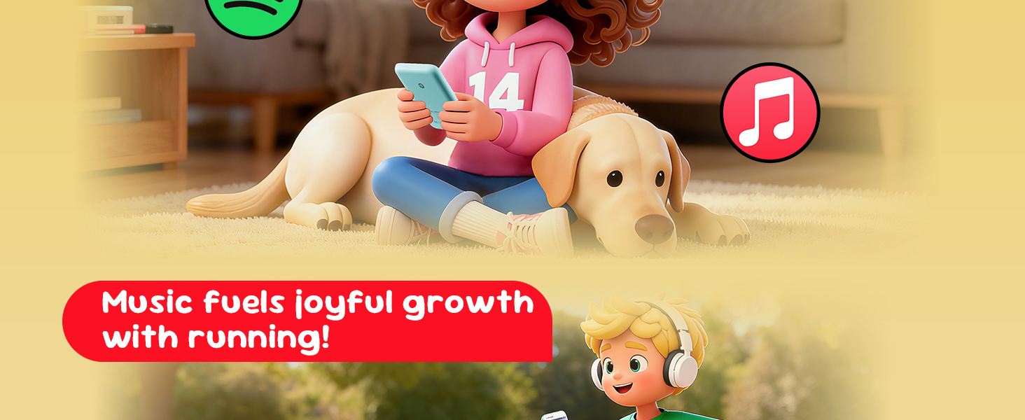 A girl enjoying music with mp3 player, surrounded by Spotify, Music, and Apple Music icons.