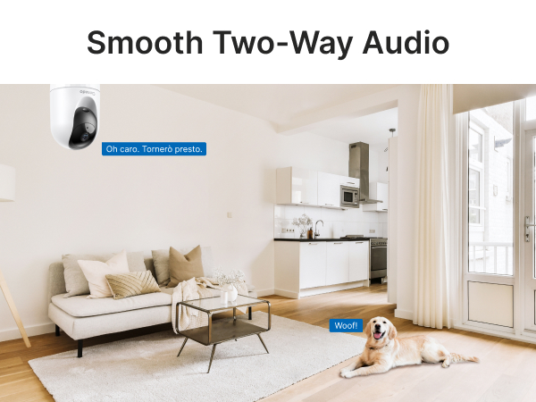 Modern living room with security camera, showcasing two-way audio feature. Room includes white sofa, coffee table, kitchen area, and a dog resting on the floor.