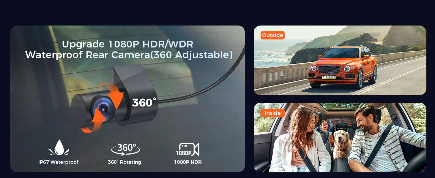 dashcam with 360 Adjustable rear camera