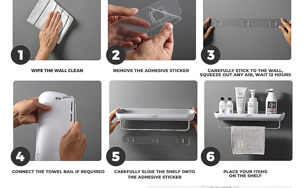 Step-by-step guide to install a wall-mounted Shower Caddy with adhesive, no tools or drilling needed