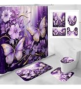 Litabel 4 Pcs Purple Red Floral Butterfly Shower Curtain Set with Non-Slip Rugs, Modern Toilet Li...