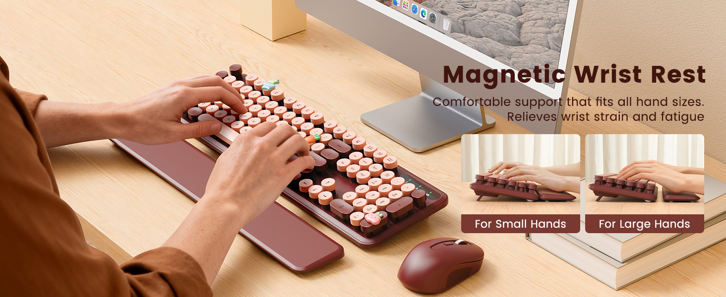 Wine Red Wireless Keyboard, Round Keycaps, Retro Typewriter Keyboard with Detachable Wrist Rest