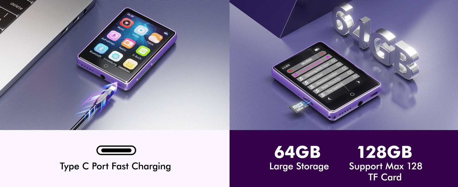 64GB MP3 Player with Bluetooth 5.3,FM Radio,Voice Recorder,Supports Up to 128GB