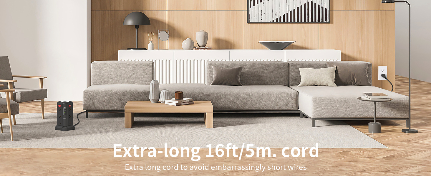 Surge Protector Power Strip Tower with 4 USB Ports and Night Light 16FT Extension Cord