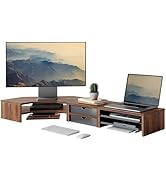 Fenge Dual Monitor Stand, Corner Monitor shelf with Drawer and Slide-Out Tray, 2 Tier Triangle Mo...