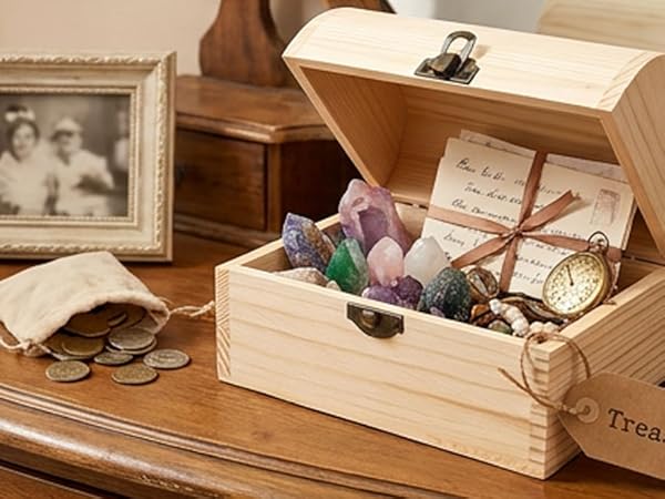 Wooden Treasure Chest Box with Hinged Lid &amp;amp; Vintage Clasp