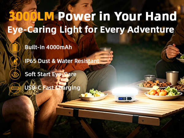 3000LM rechargeable camping lantern on a table at a night campsite with friends dining