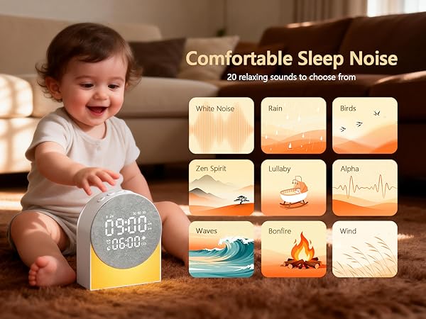 Text reads 'Comfortable Sleep Noise'. Series of app interface screens showing sleep sound options and controls with soft, calming imagery.